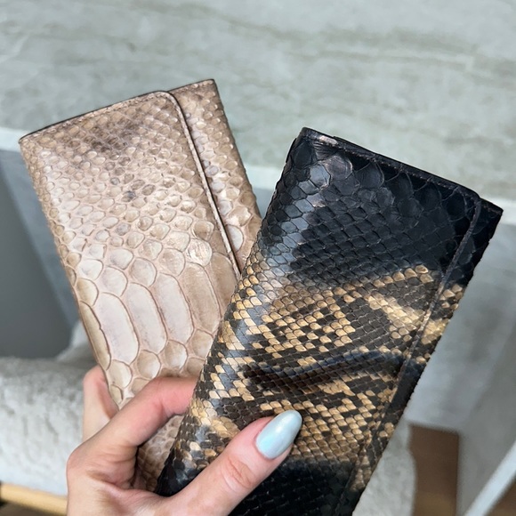Malini Murjani Python Leather Black Beige Foldover Continental Wallet - Picture 10 of 17